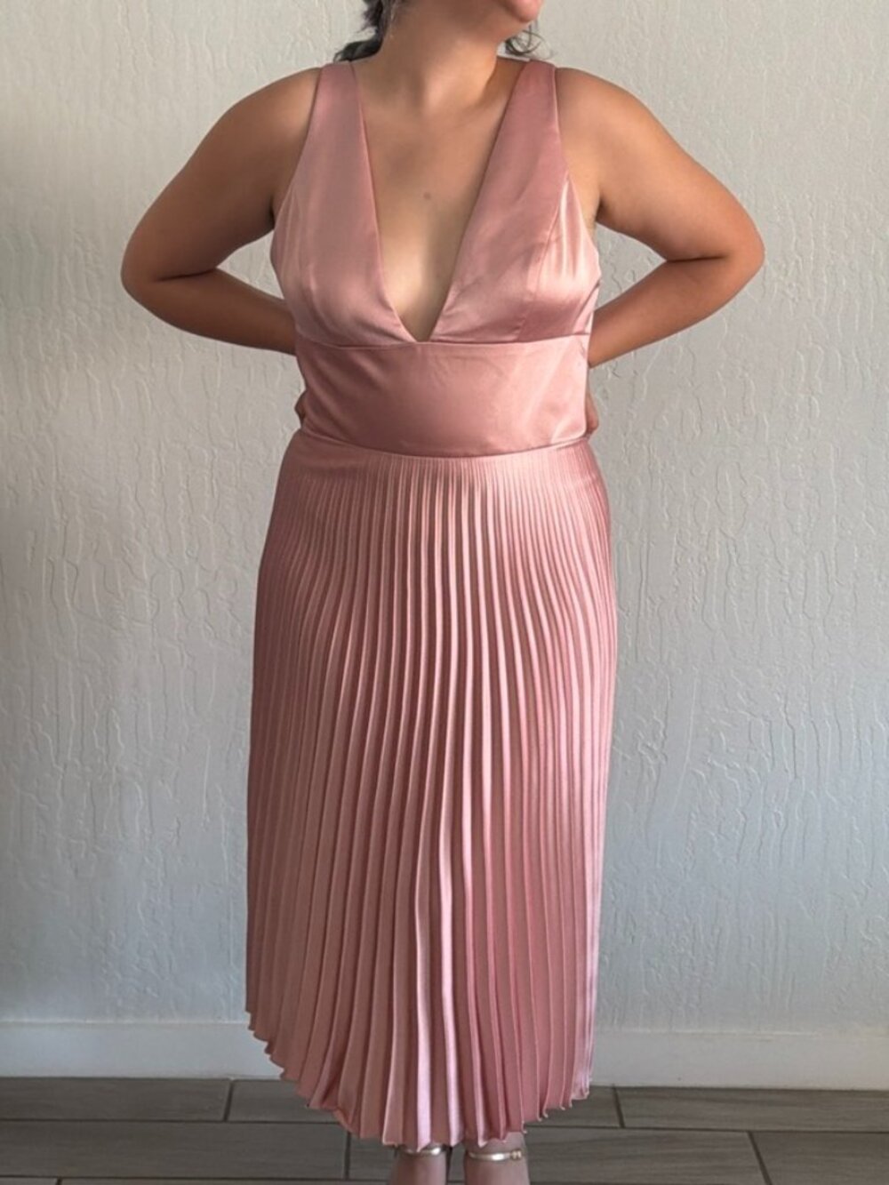 Amsale pink satin pleated midi dress